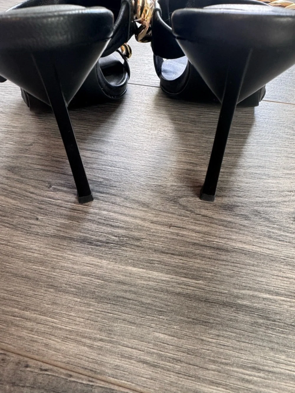 RAYE Deux Heel in Black Stiletto Slide Gold Chain Straps 5.5